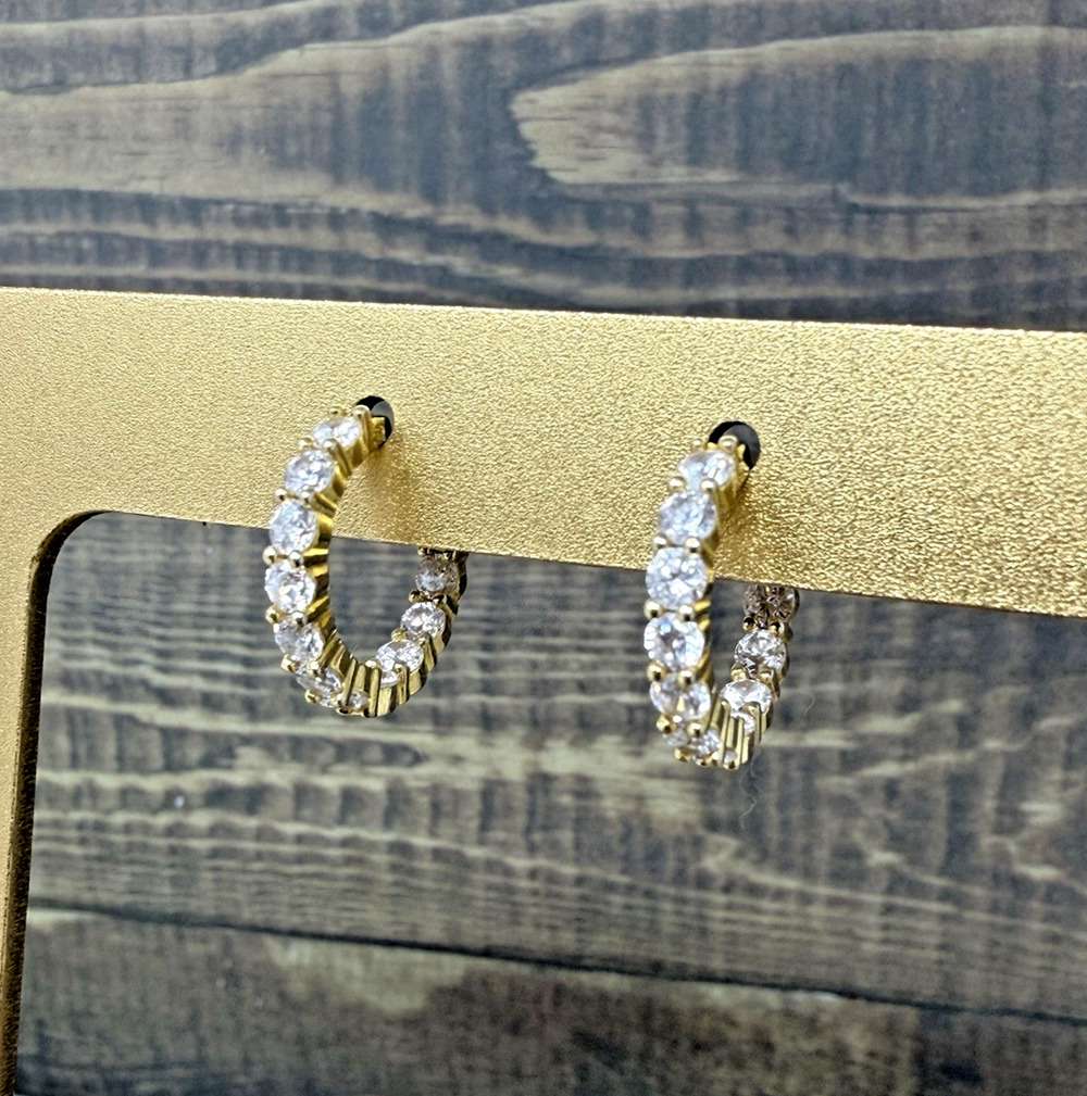 Sterling Silver CZ Gold Vermeil Eternity Hoop Earrings .625 Inch